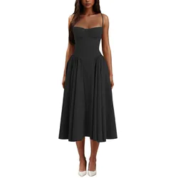 Summer Dress Low Round Neck Loose Casual Women Sling Solid Color Dress for Beach Sexy Sleeveless Solid Vestidos Party Robe Femme