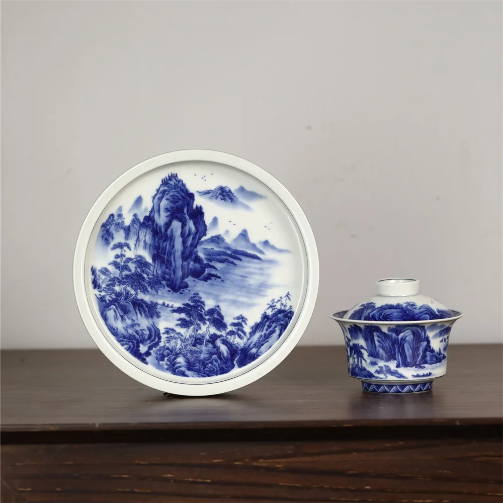 Jingdezhen Blue and White Flower Thousand-Li Landscape Tureen Tea Brewing Bowl Two-Way Hover Emperor Glaze Big Pot Retro Color