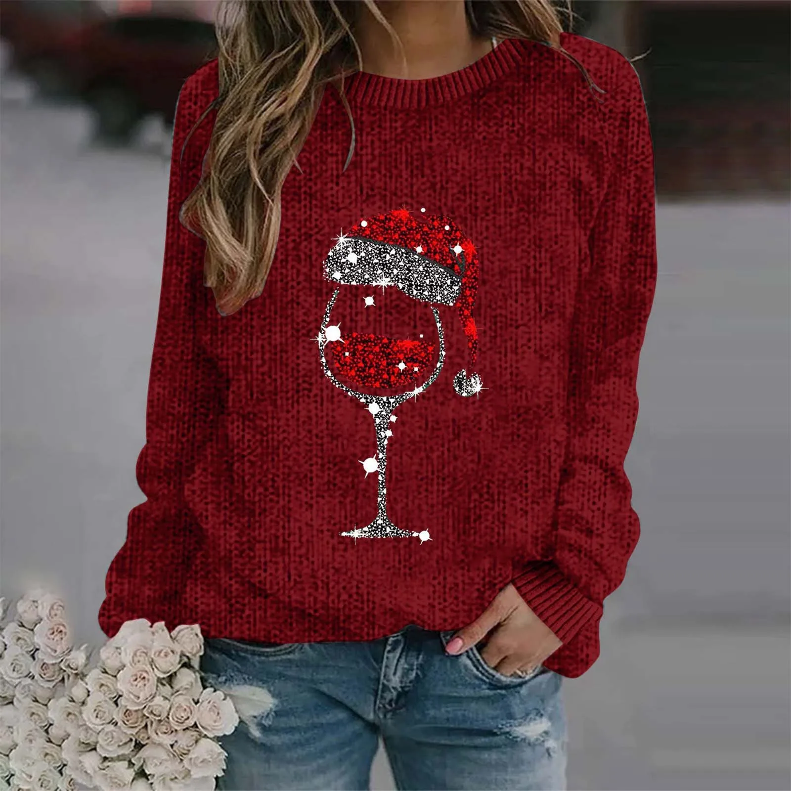 Pulôver de Natal tingido extragrande feminino, camisola gola V, vestuário vinho tinto, gráfico, outono e inverno