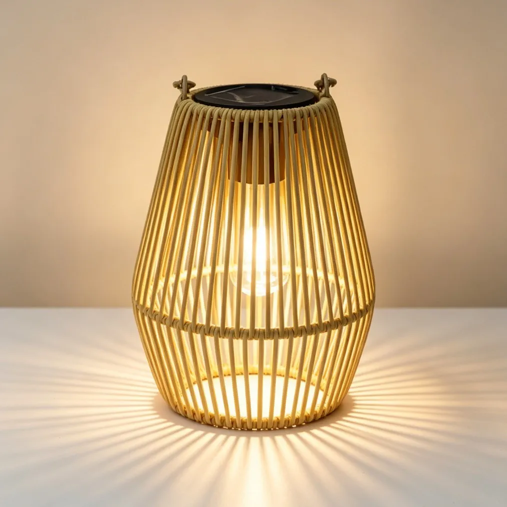 2026 Waterproof Solar Rattan Bamboo Lantern Chinese Retro Hanging Light Balcony Courtyard Outdoor Decor Lamp