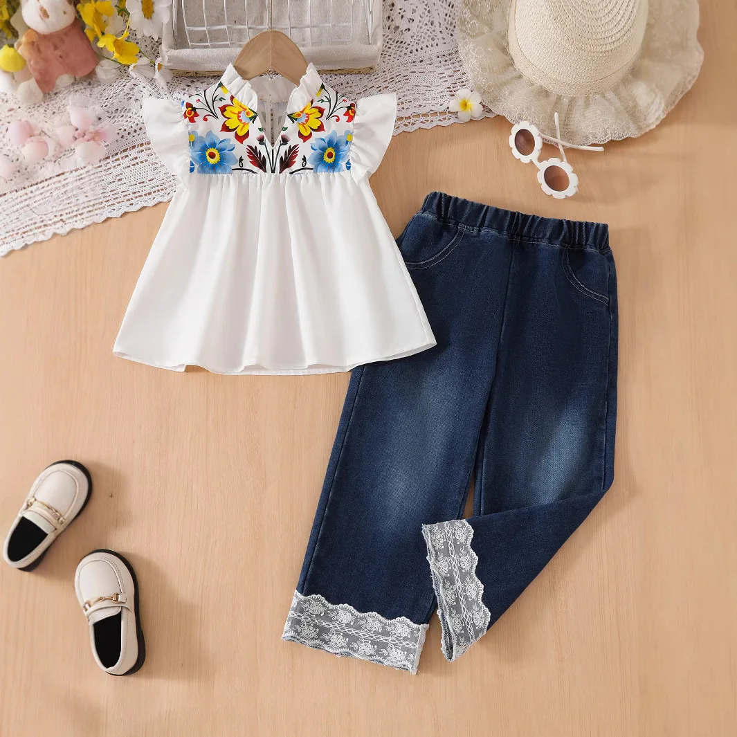 

Женский детский костюм, лето 2025 года, для девочек, маленьких детей, детская одежда в Европе, США, милый топ, джинсовый костюм