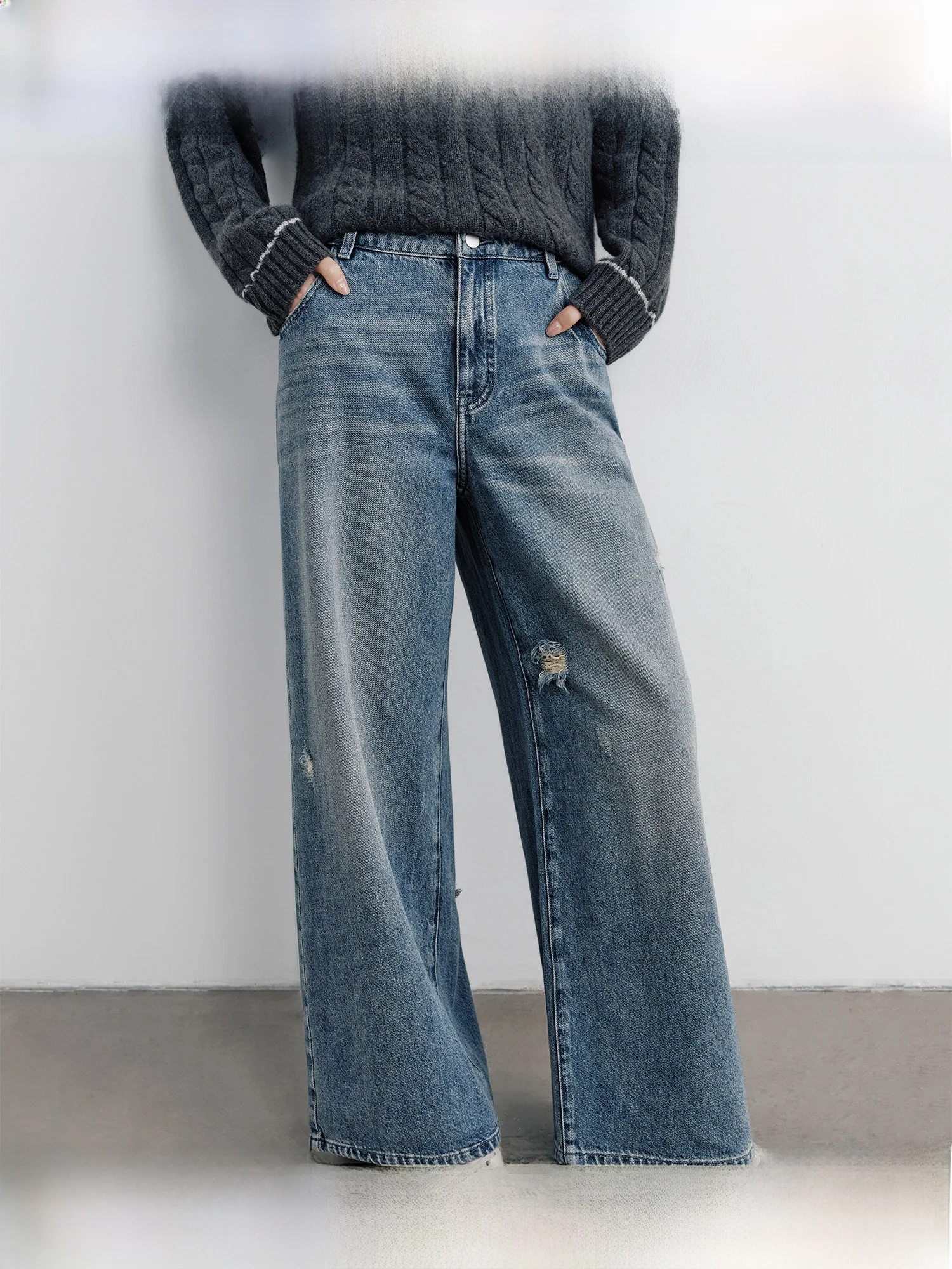 

Джинсы Cleanfit с высокой талией и широкими штанинами, женские, весенние, новые, свободного кроя, с эффектом потертости, из хлопка, повседневные, синие