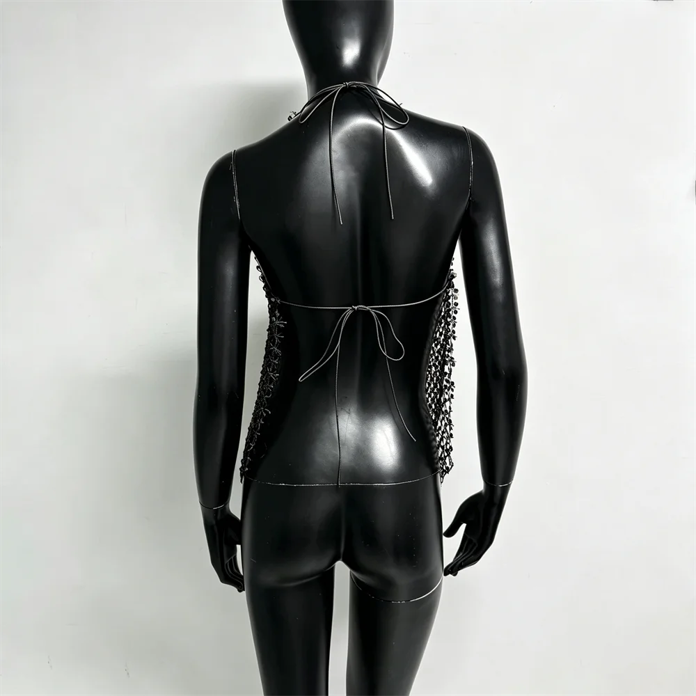 Damen Glänzendes Acryl-Pailletten-Top mit Ausschnitten, Sexy Tiefer V-Ausschnitt, Rückenfreies Neckholder-Oberteil, Durchsichtiges Strand-Party-Top – Detail 19