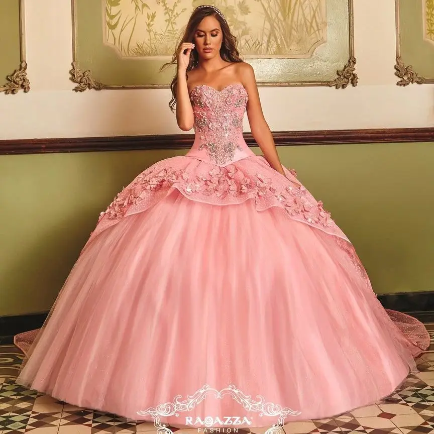 Roze Charro Quinceanera Jurken Baljurk Sweetheart Tule Bloemen Parels Mexicaanse Sweet 16-jurken 15 Anos Aangepast