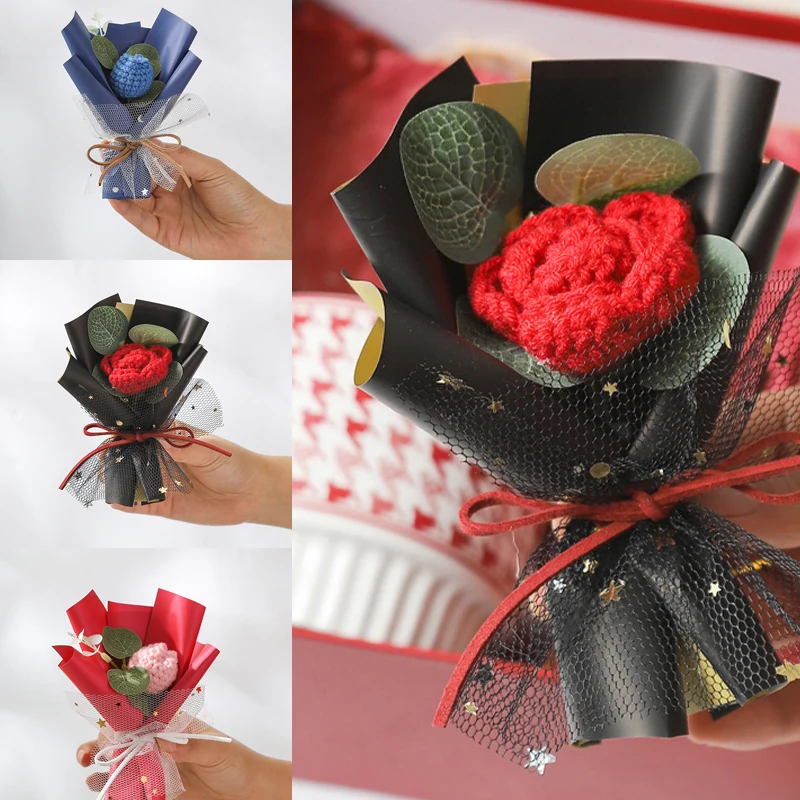 Creative Mini Knit Bouquet Cotton Thread Crochet Rose Tulip Sunflower Fake Flowers Small Bouquet For Valentine's Day Party Gifts