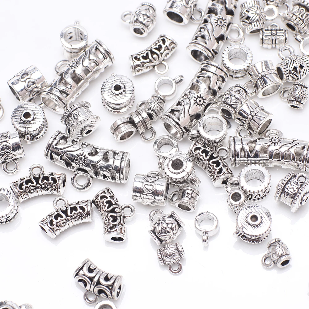 30pcs Antique Silver Plated Bending Curved Tube Beads Charms Bails Pendant Connector For DIY Bracelet Jewelry Making