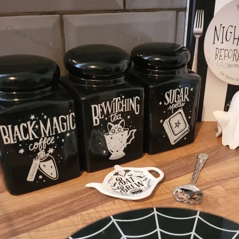 

Gothic Black Storage Jar With Lid Cartoon Vintage Ceramic Storage Tank Halloween Candy Cookies Storage Box Home Halloween Decor