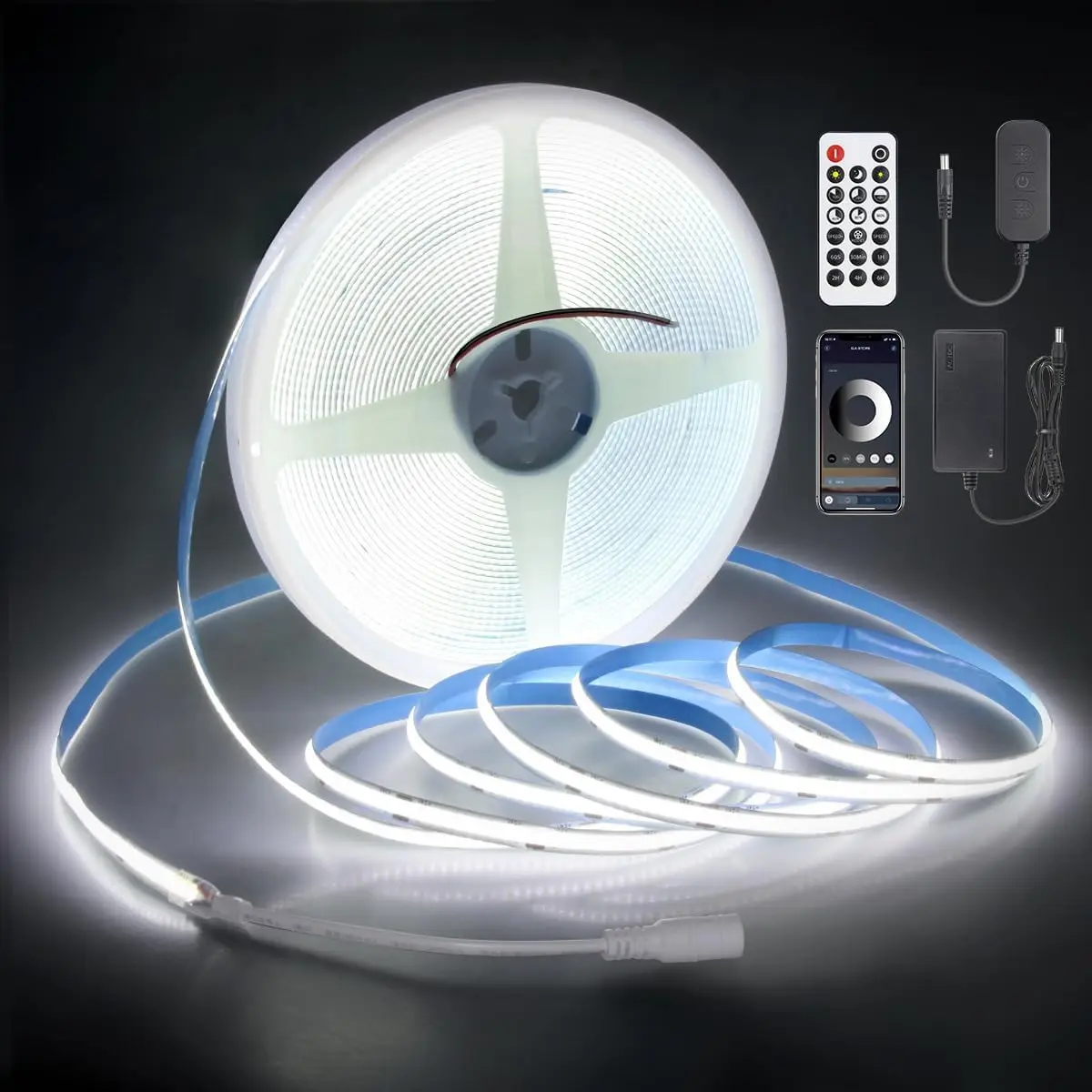 

50FT COB LED Strip Lights 24V Cold White 6000K Dimmable LED Light for Bedroom with Remote and App Control 8mm Width LED