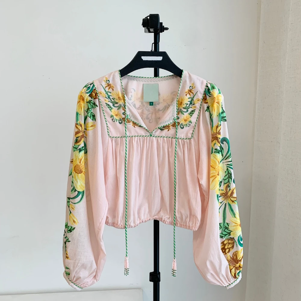 

Pink Long Sleeve Embroidery Floral Print Blouse Tops 2025 New