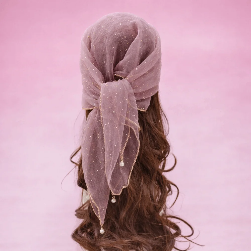 

Pearl Tassel Rhinestone Square Scarf Lace Trim Solid Color Full Sky Star Headwrap Breathable Fabric Hair Wrap
