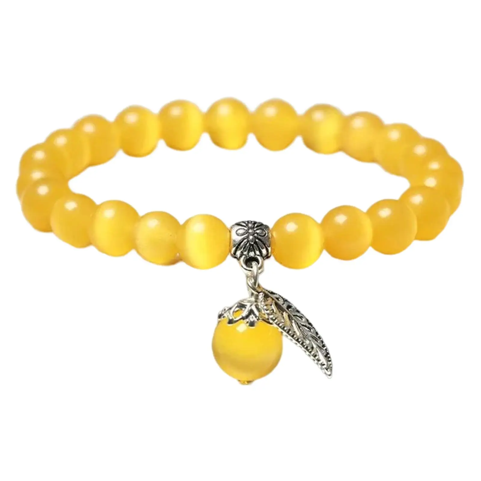 Yellow Cat's Eye Stone Bracelet Beaded Stretch Crystal Gem Good Luck Charm Jewelry for Women Feng Shui