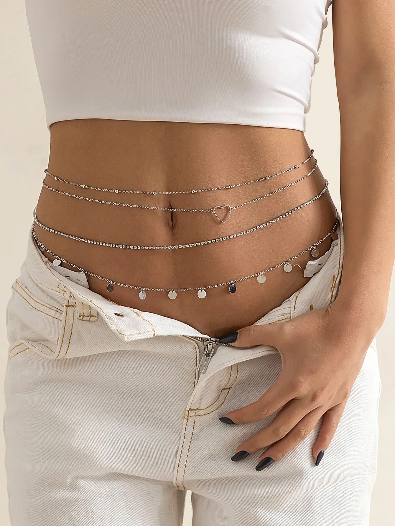 

Набор из 4-х многослойных цепочек на талию с дисковыми подвесками и стразами