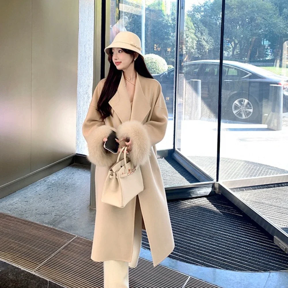 Élégant réel manteau de fourrure de renard mode hiver femmes chaud longue Double face cachemire laine pardessus 2025 nouveau automne couleur unie manteau