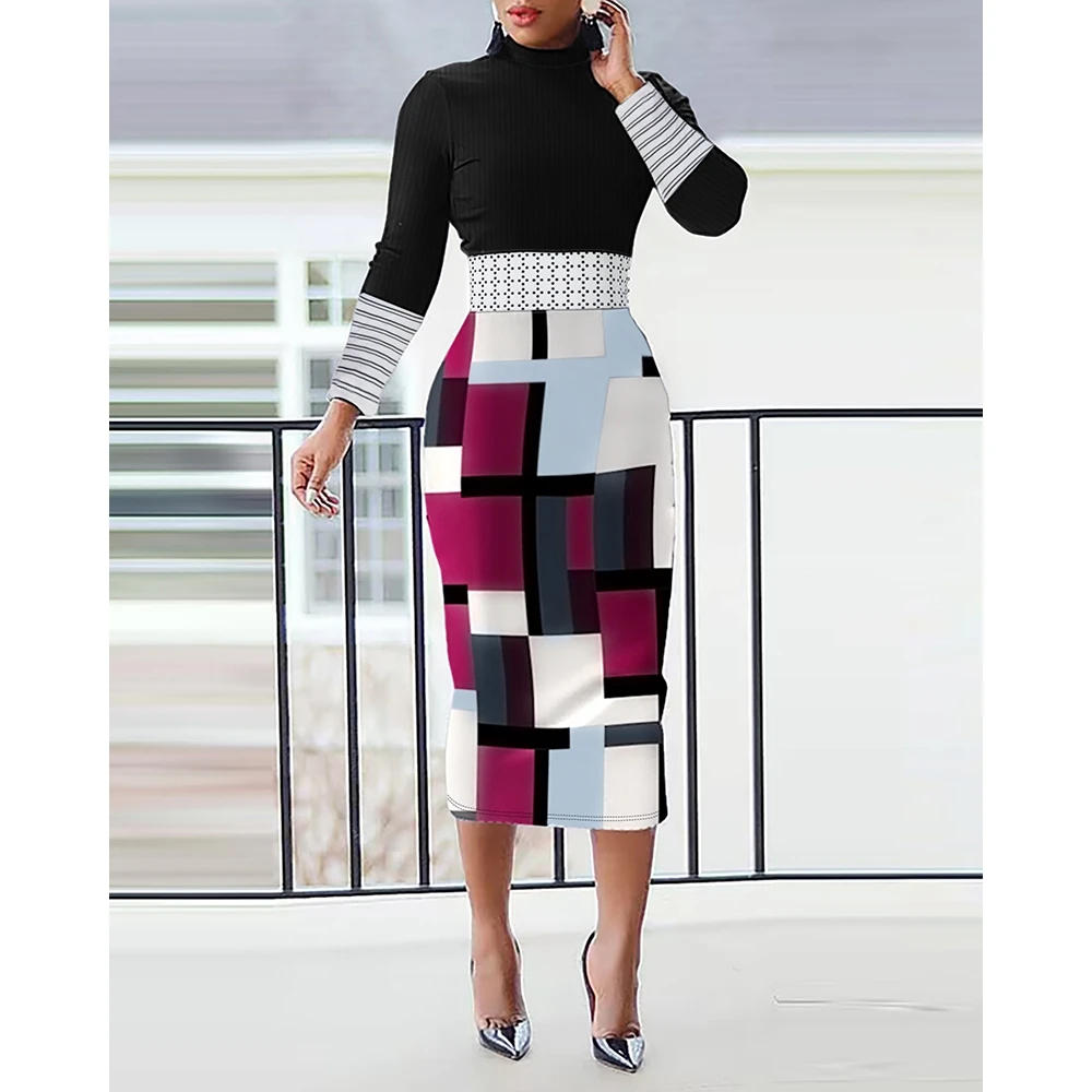 Colorblock مخطط هندسي طباعة Bodycon حزب اللباس ، أنيق مكتب سيدة قلم رصاص ميدي اللباس ، الربيع عمال