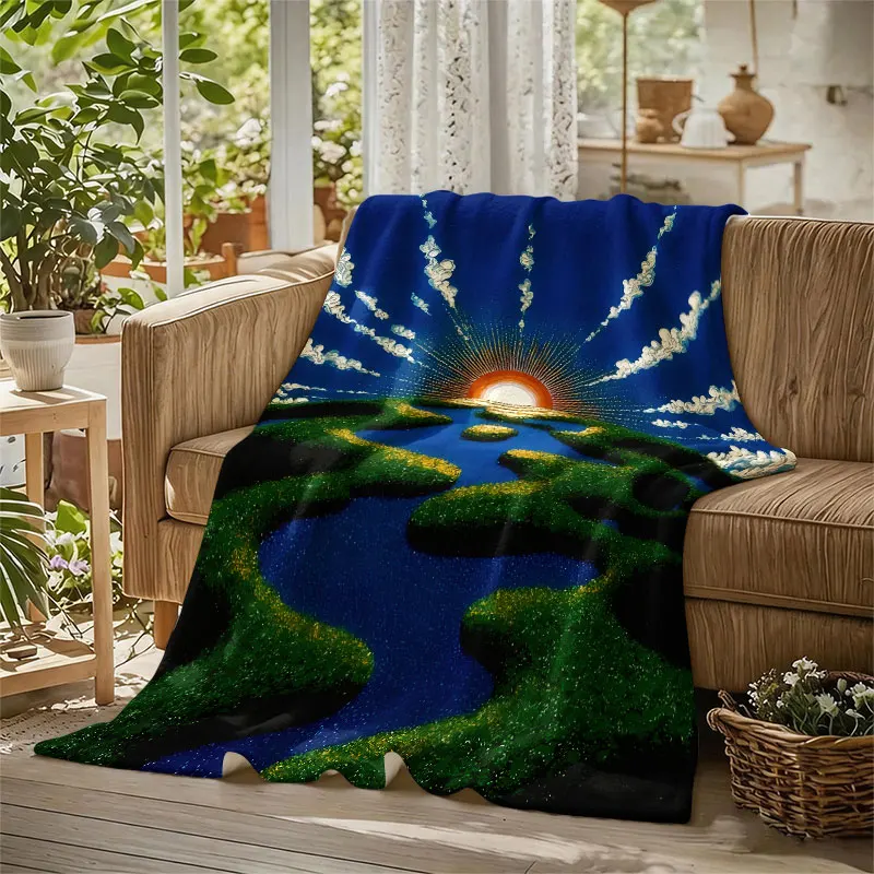 Sunrise Island Oil Painting Flannel Blanket Perfect for Sofa Office Bed Travel Sleep Read Relax Camping Four Season Use