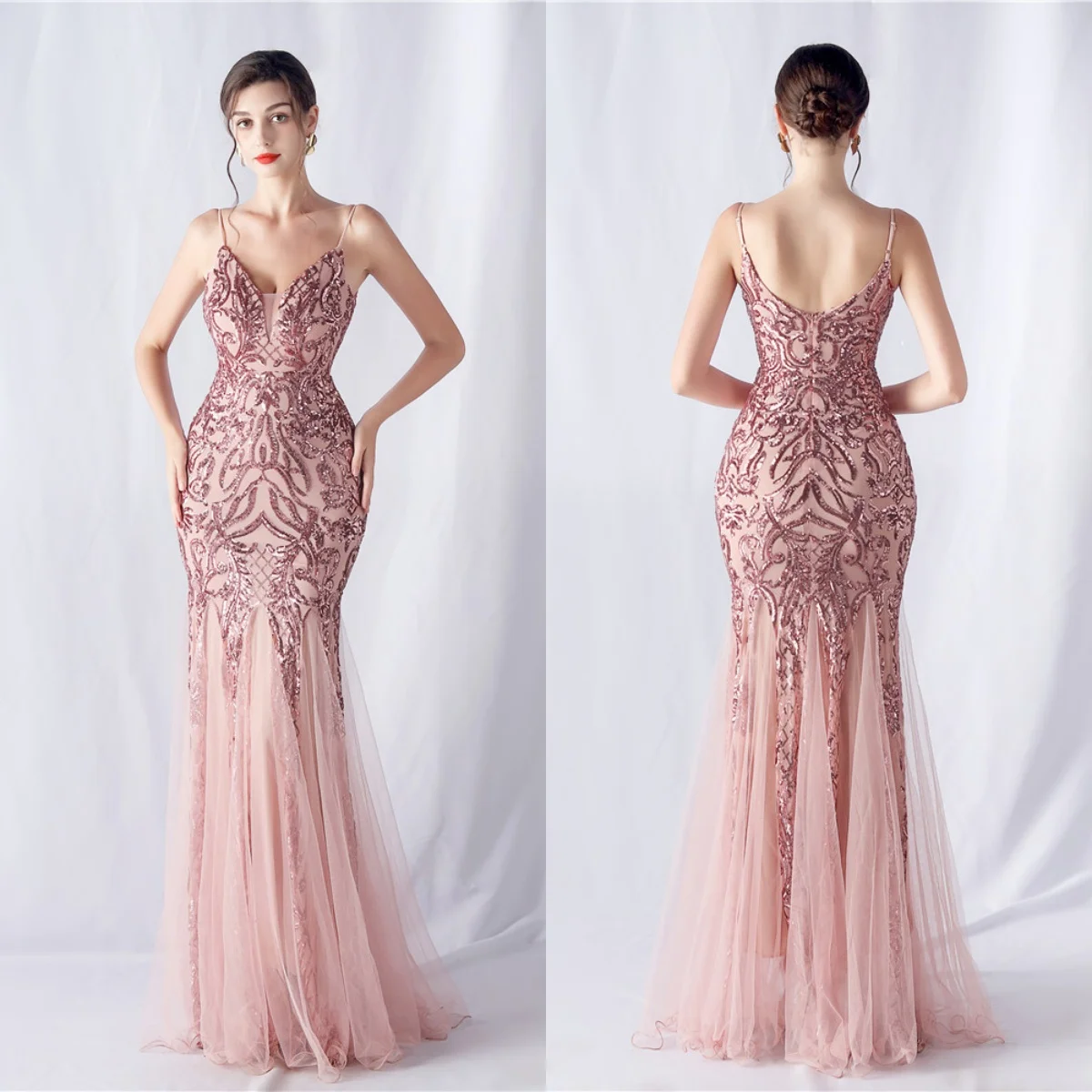 

Evening Dresses Pink Sequins Stretchy Beading Straps Zipper Back Mermaid Trumpet Floor Length Women Party Formal Gowns YE043