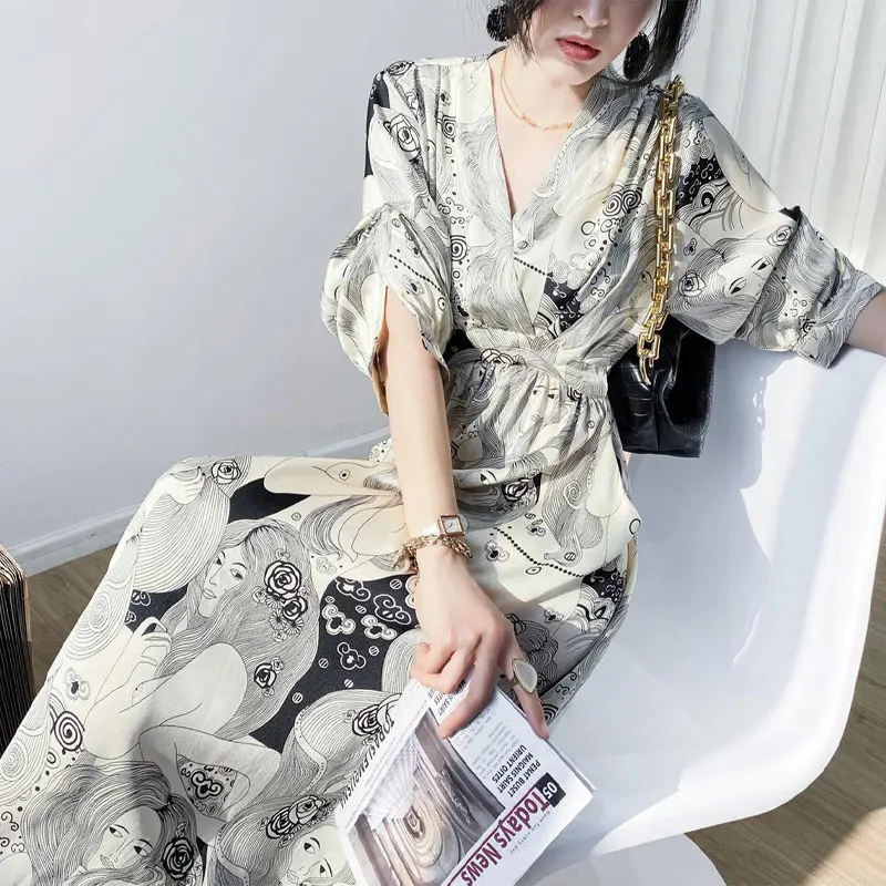 Vintage French Style Long Dress Elegant V-Neck Spring Summer Half Sleeve Female Clothing A-Line Waist Stylish Printed Dresses