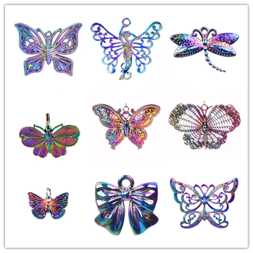 5pcs/Lot Rainbow Color Cutout Butterfly Animal Insect Flying Charms Alloy Pendant For DIY Accessories Jewelry Handmade Craft