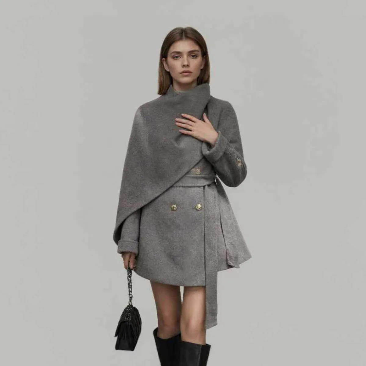 CiCi 2025 خريف شتاء موضة جديدة من الصوف مثل معطف كيب عباءة مع وشاح للنساء أنيقة مكتب العمل ملابس يومية #3