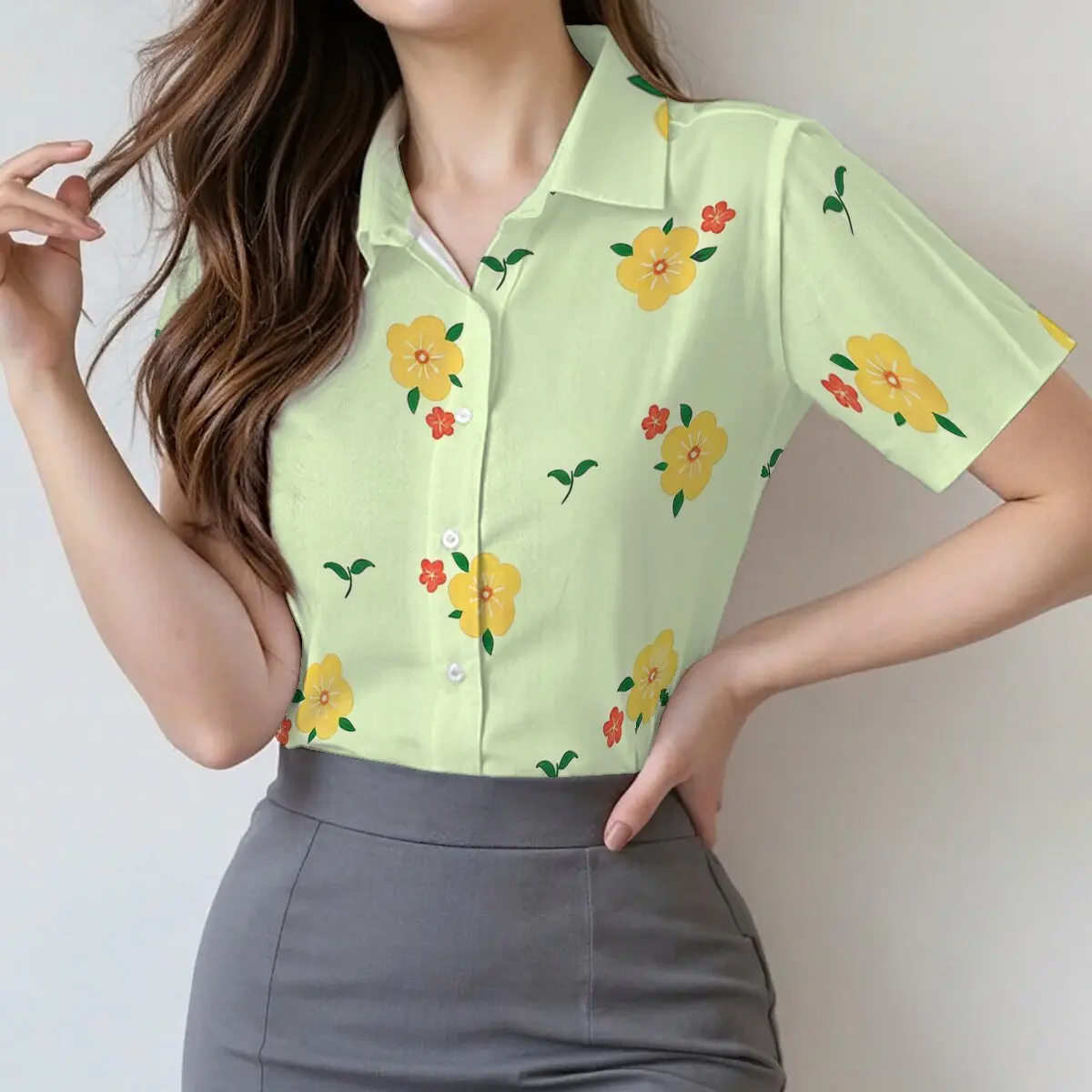 

Summer women's short-sleeve single-breasted shirt, fresh small floral print, bright & clean, for casual gatherings and parties.