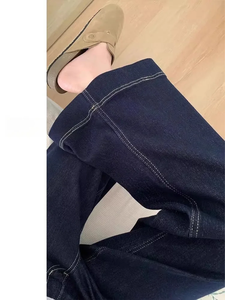 딥 블루 A라인 와이드 레그 진 여성용 루즈 슬림 스트레이트 레그 팬츠 배형 체형용 하이웨이스트 캐주얼 데님