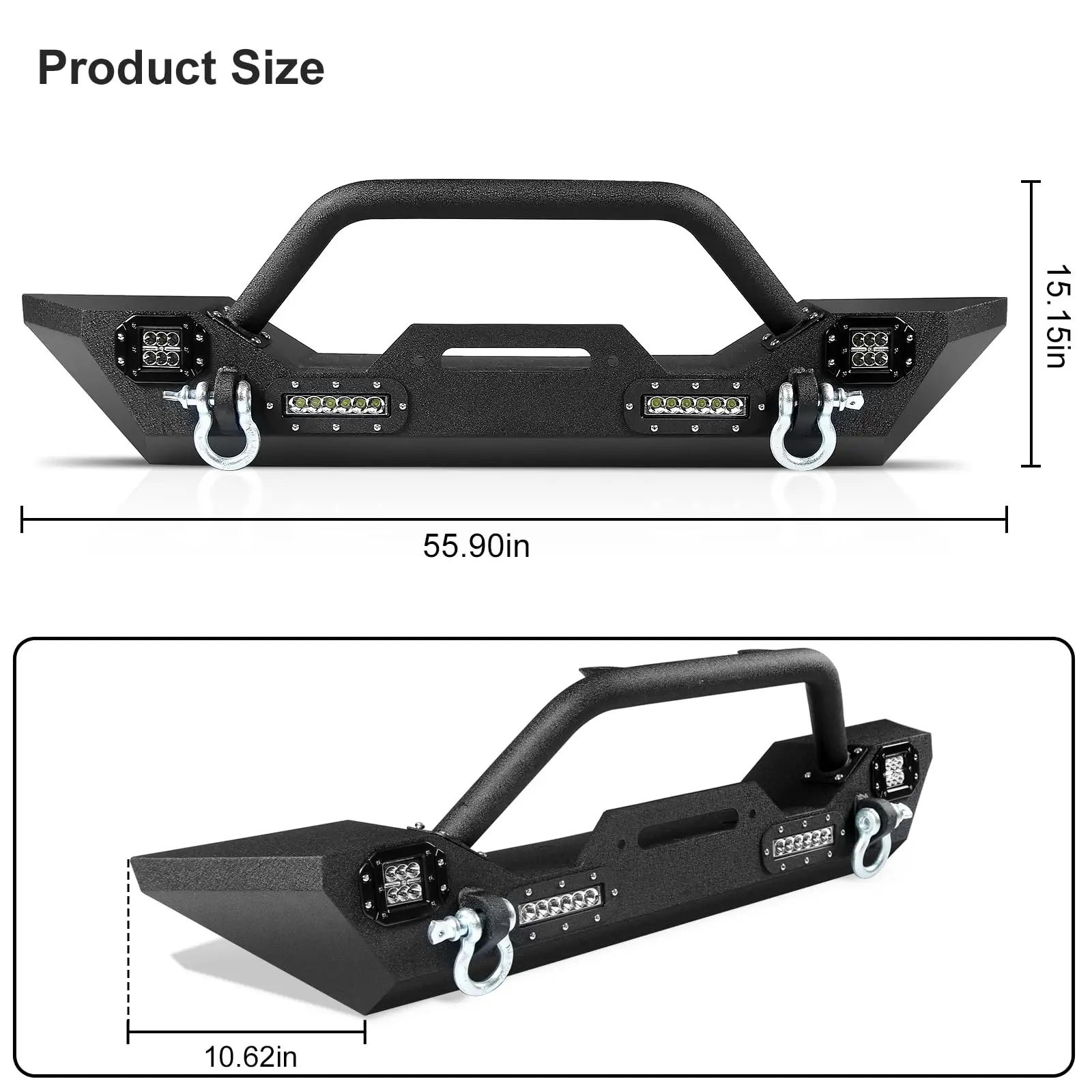 Front Bumper For Jeep Wrangler JK JL 07-24 Gladiator JT 20-23 Off Road Heavy Duty Steel Bumper 4 LED Lights 2 D-Ring Winch Plate