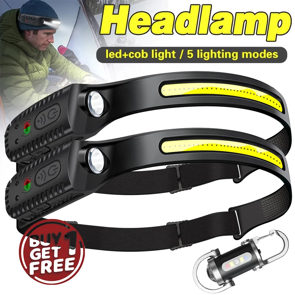 2 حزمة XPE + COB LED الاستشعار كشافات مصباح أمامي قابل لإعادة الشحن Led رئيس الشعلة ضوء العمل رئيس مصباح يدوي لصيد الأسماك فانوس التخييم
