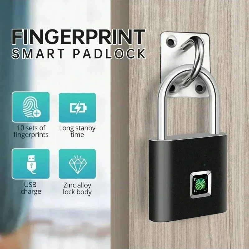 Keyless USB Charging Fingerprint Lock Smart Padlock Waterproof Door Lock 0.2sec Unlock Portable Anti-theft Padlock