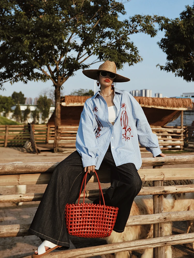 TIYIHAILEY Lente Gestreepte Herfst Blouse Tops Vrouwen Lange Mouw Tees Borduren Losse Shirt Turn Down Kraag Enkele Breasted 2025