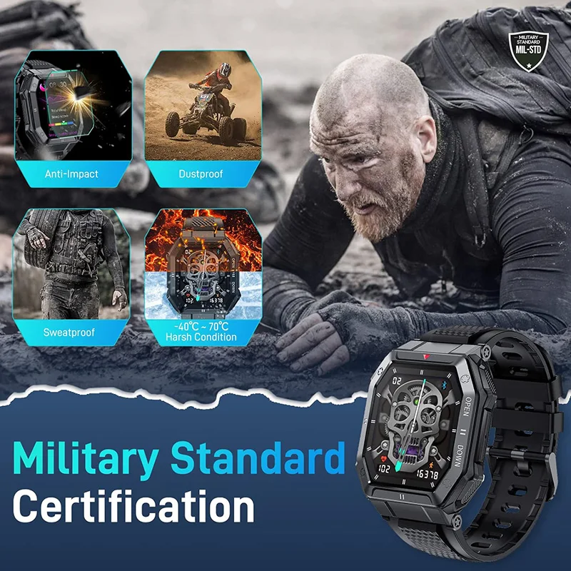 Outdoor Military Smart Watch Men Bluetooth Call Smartwatch For Android IOS IP68 Waterproof Fitness Watches 24H Health Monitor