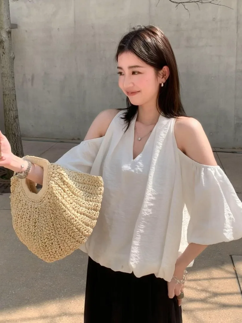 

Korean Style Shoulder Bared Bubble Sleeve Shirt Women's Summer New Fashion Loose Cotton Linen Blend Short Sleeve Top