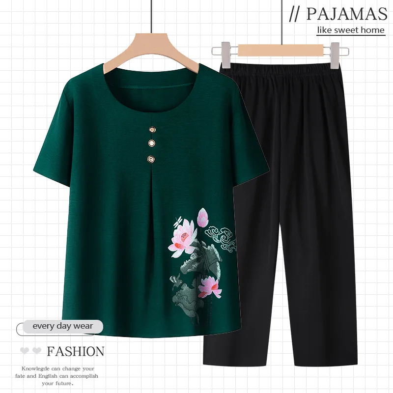 Conjunto De Pijama De dos piezas para madre De mediana edad, ropa De dormir elegante De manga corta, Lotus, holgado, Verano