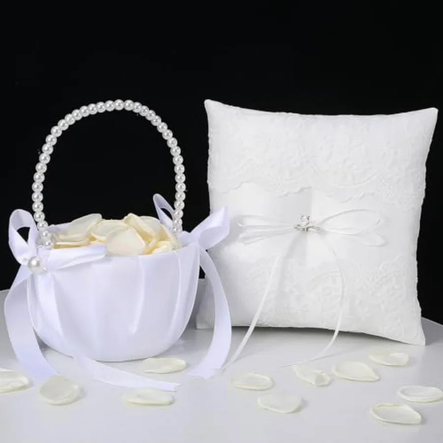 

Wedding Flower Girl Basket and Ring Bearer Pillow Set with Two Hundred Ivory Rose Petals, Satin Wedding Ceremony Accessories fo