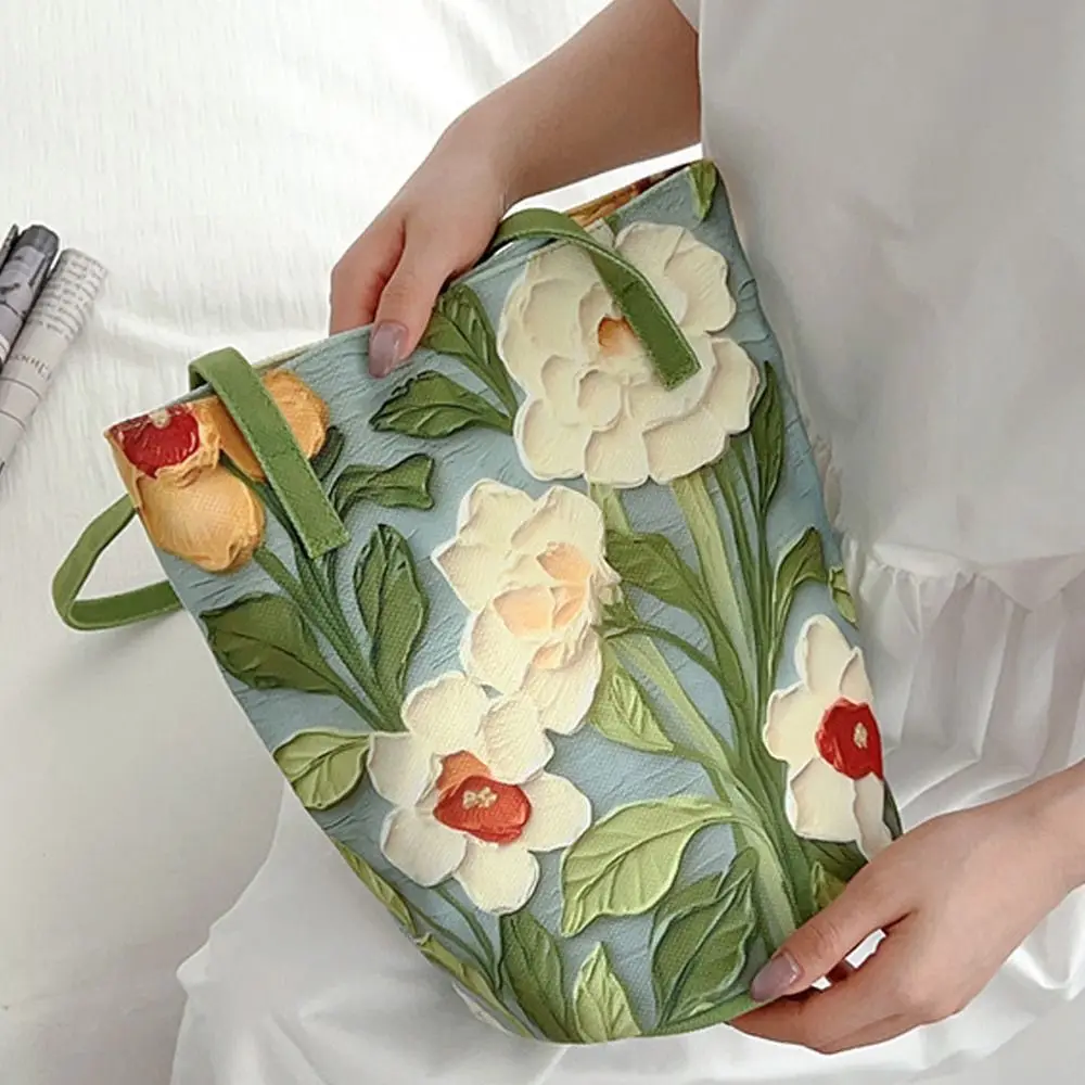 New Fashion Floral Pattern Bucket Bag Blue/Green/Orange Canvas Casual Shoulder Bag Large Capacity Creative Handbag for Women
