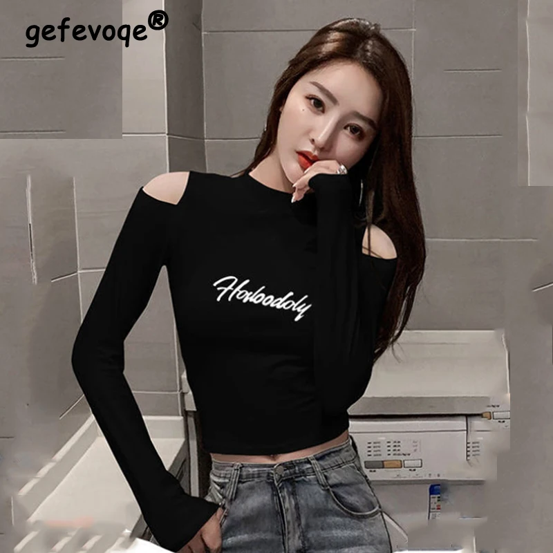 Korean Style Letter Printed Aesthetic Tee Shirt Sexy Off Shoulder Slim Short Tops Women Wild Long Sleeve Y2k Streetwear Crop Top