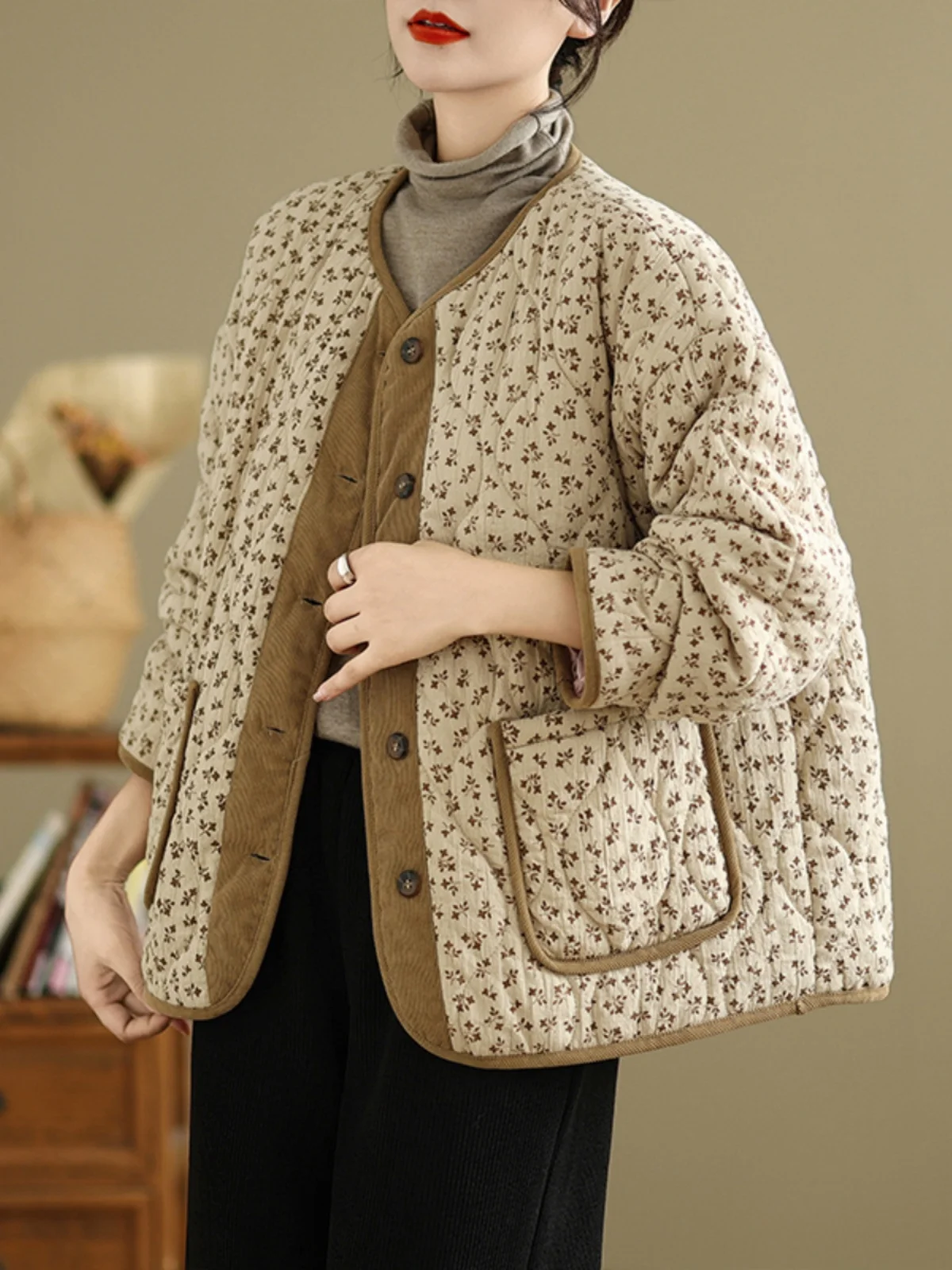 

Retro Diamond Pattern Cotton Jaet Women's Winter Large Size Cotton Padded Thiened ort Outerwear Japanese Sle round Ne...