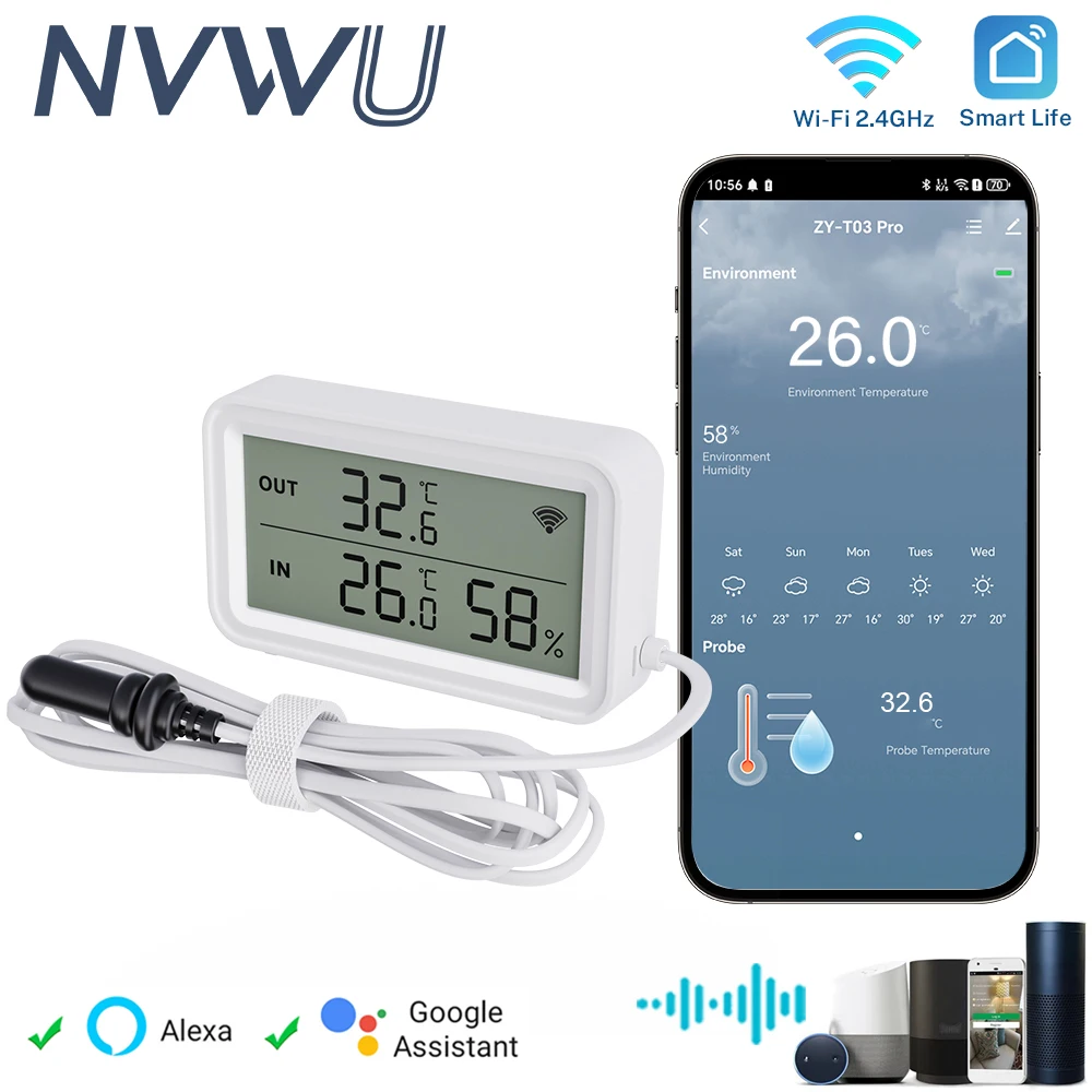 Waterproof External Probe Tuya Zigbee WiFi Smart Home Temp Humidity Sensor LCD for Fridge Aquarium Pool Alexa Google Home