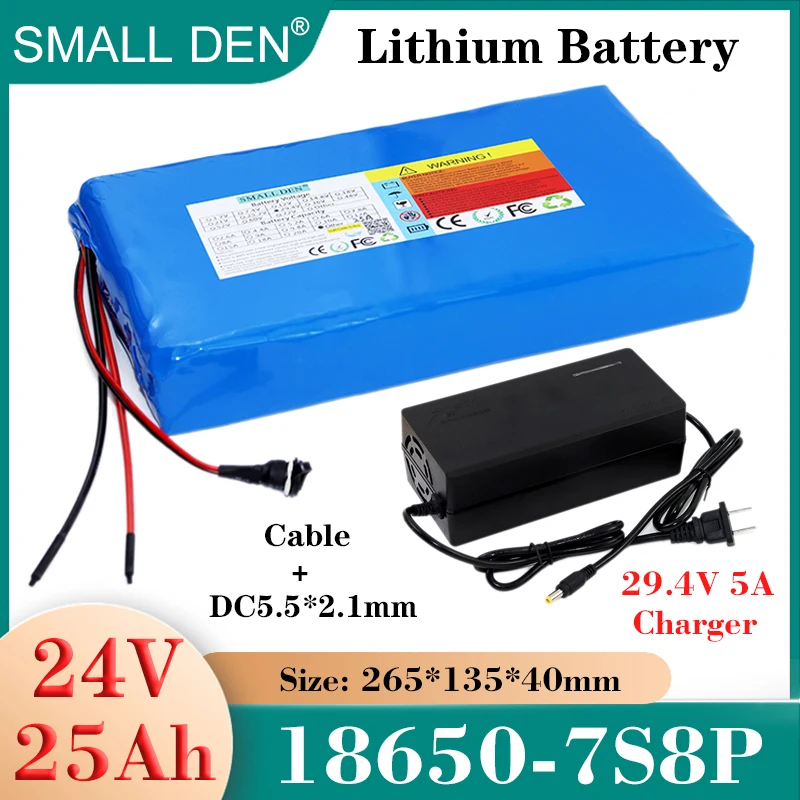 24V 25Ah 18650 Lithium battery pack 7S8P 720W High power BMS For E-boat Lawn mower Wheelchair Scooter LED light+29.4V 5A Charger