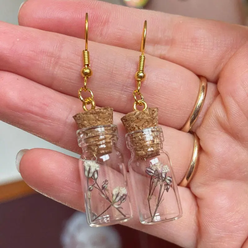 fairy jar drop earrings with dried flowers, real baby breath earrings, cottage cottage core earings for women y2k