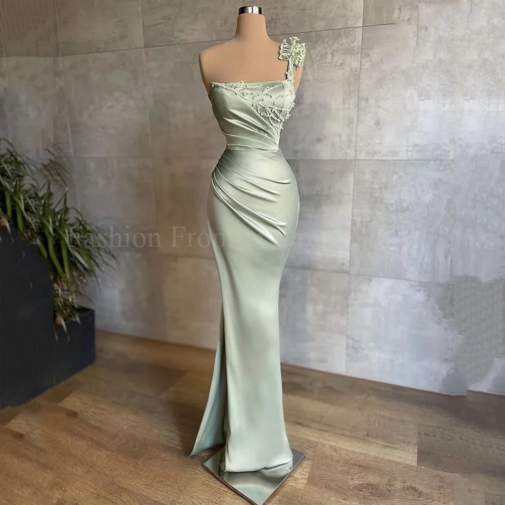 Exquisite Side Split Floor Length Evening Gowns Sleeveless One Shoulder Appliques Special Occasions Banquet Party Prom Dresses