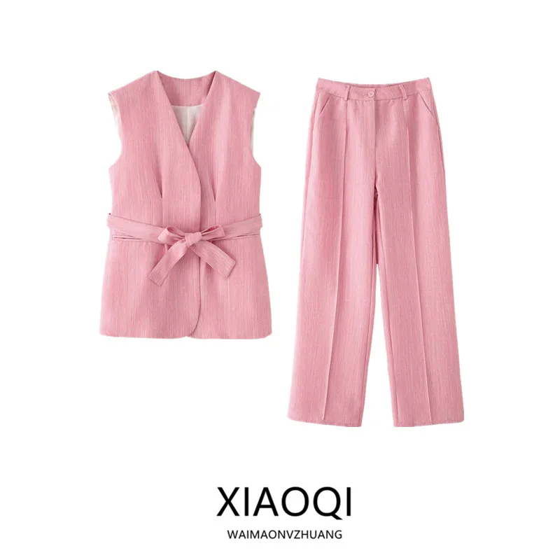 

Summer 2025 Women's Faionable Bamboo Rayon Suit Vest And Long Pants Set Versatile Button up ort Sve V Ne Two Piece Set