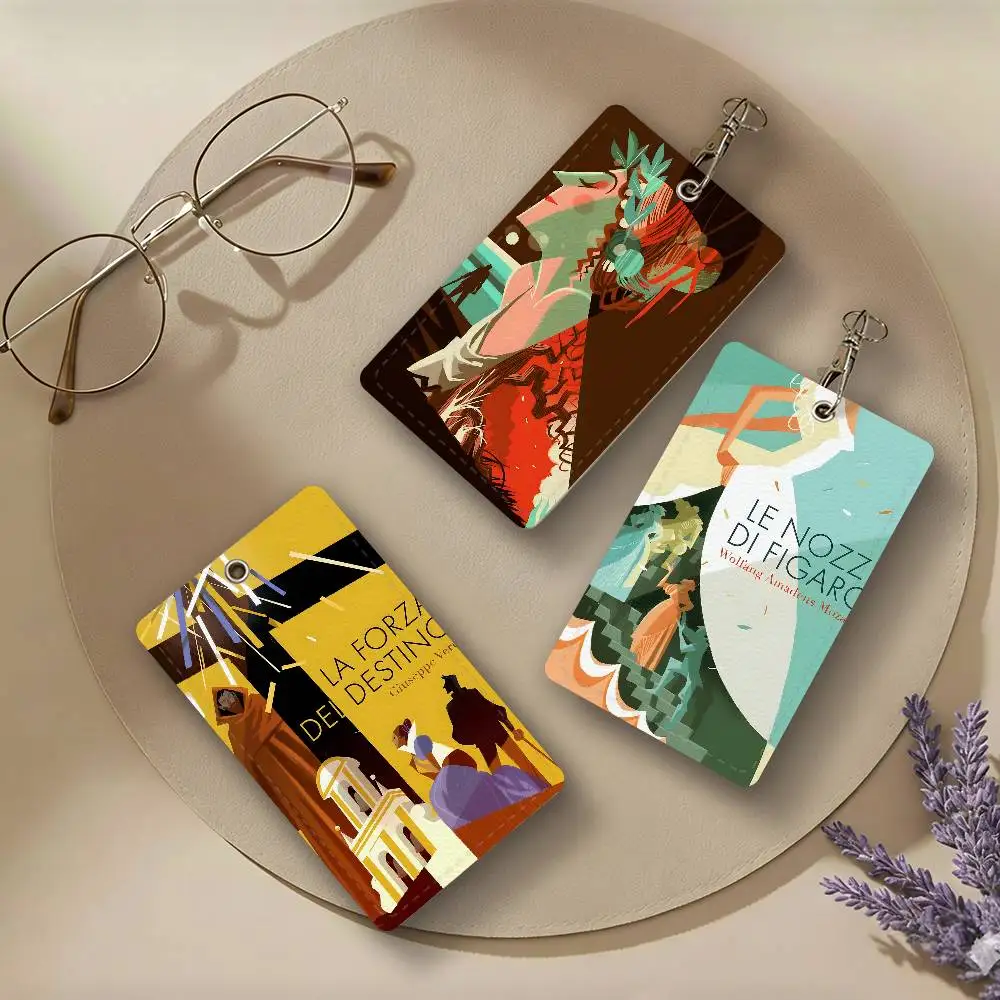 Blocked Abstract Characters Art PU Leather Card Holders Anti-lost Protective Cover Cases Campus Access Cards Key Chain