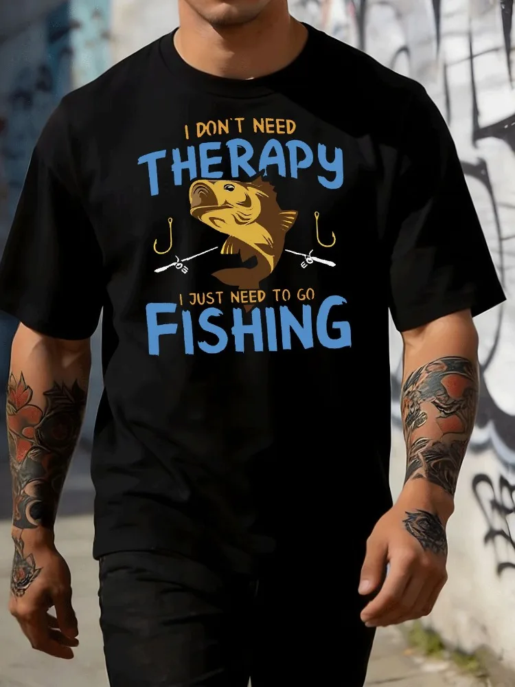 Mens Cotton Tee Bass Fish Fishing Therapy Graphic Short Sleeve Loose Outdoor Casual Summer Daily Top For Male Angler Fisher Guy