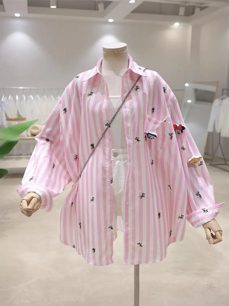 Camiseta holgada larga con bordado de Sve irt para mujer, camiseta holgada francesa con decoración de dibujos animados de otoño y primavera, talla grande, MM