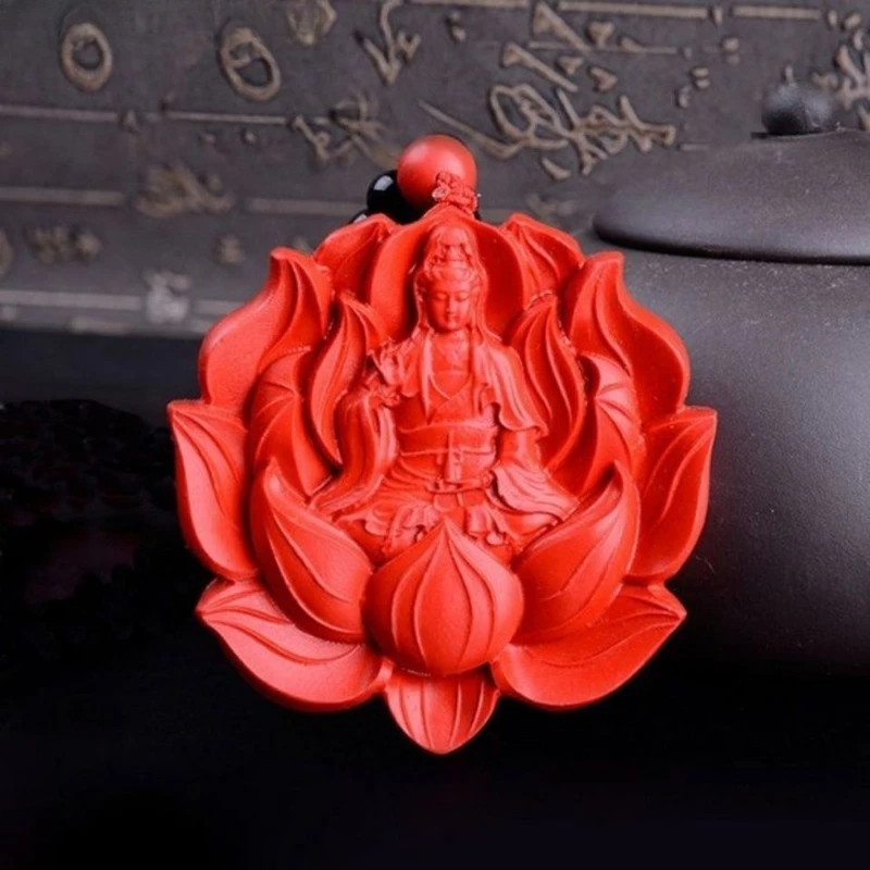 New Natural cinabro Lotus Guanyin Bodhisattva Buddha ciondolo in giada da uomo e da donna