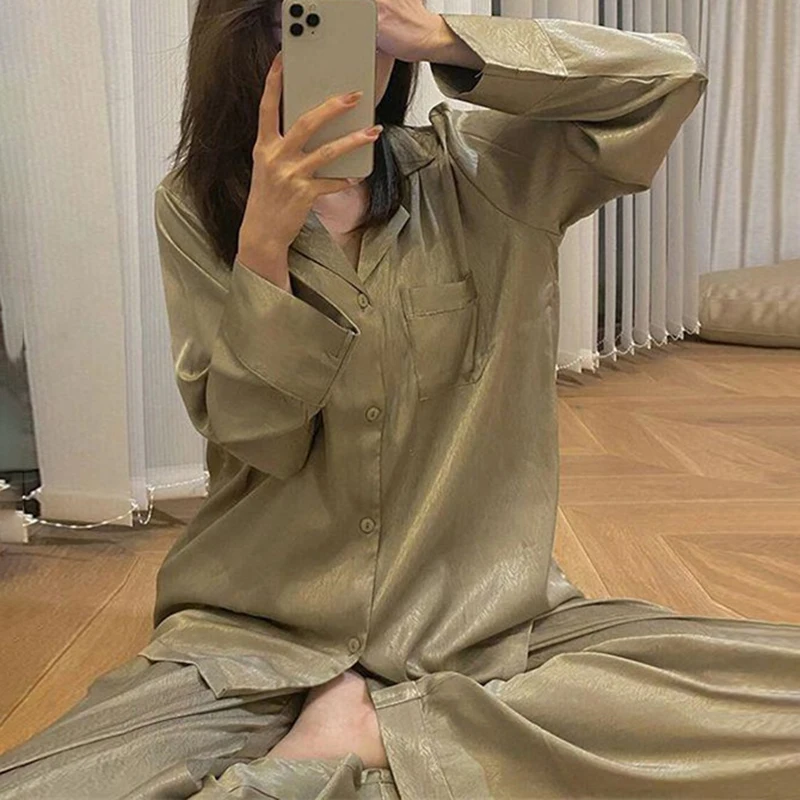 2023 New Spring and Autumn Ice Silk Pajamas Women Long sleeve  Thin Silk Summer Women Set Home wear