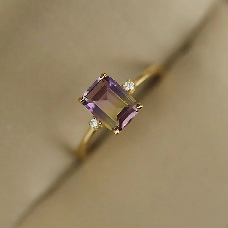 LAOOM Vintage Rings for Women Wedding Accessories Square Amethyst 925 Sterling Silver Gold Plated Ring High Quality Bijoux RI191