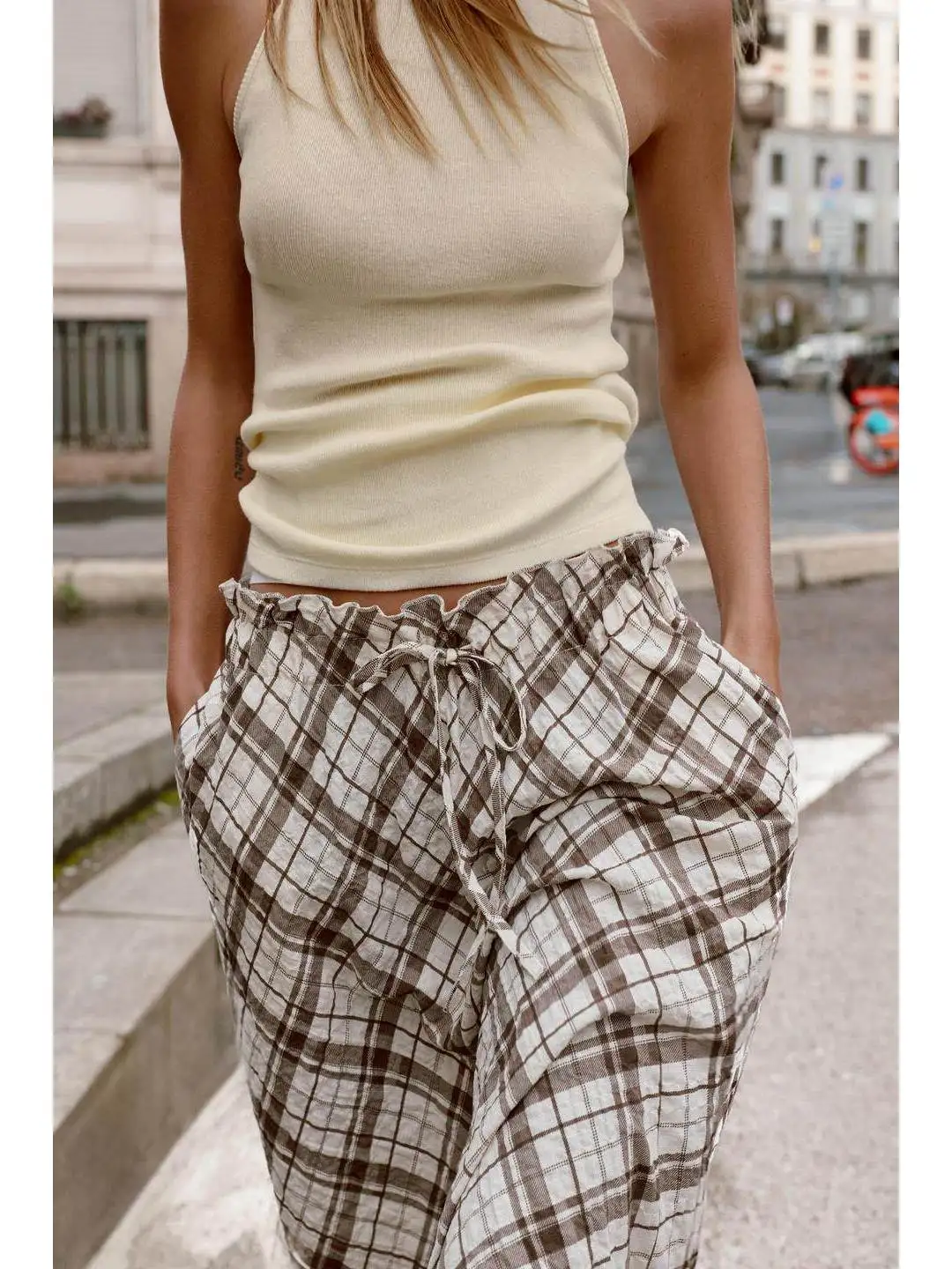 

Adjustable Waist Midi Skirt with Belt Straps Elastic Waist Plaid Design Women's Citywalk Straight Cut Loose Fit Spring Season