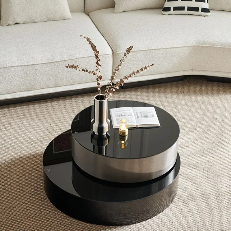 مجموعة طاولة قهوة مستديرة بحجم زجاجي من الفولاذ المقاوم للصدأ تلسكوبي دوار ومبتكر وبسيط باللون الأسود الفاخر #4