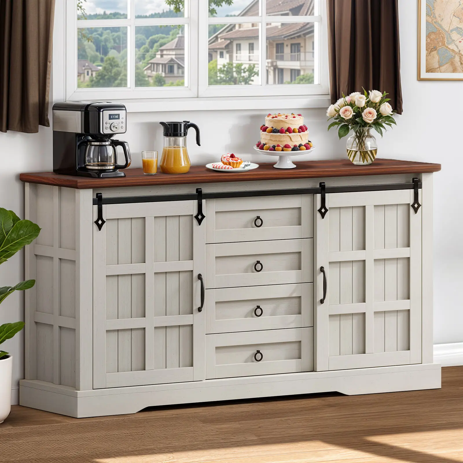 

59" Sideboard Cabinet 4 Drawers Kitchen Storage Adjustable Shelf w/ Sliding Door